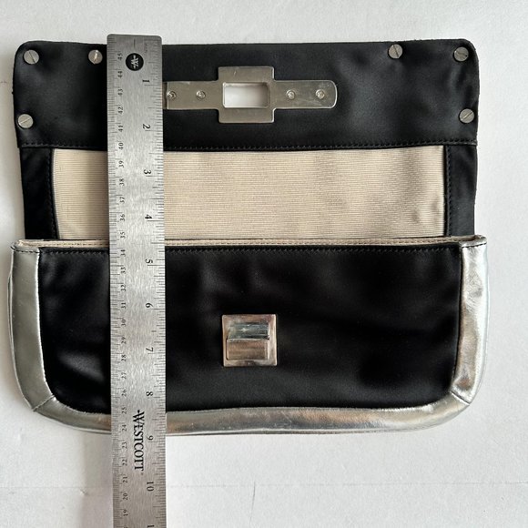 Ann Taylor Mini Satin Black Silver Purse Clutch Modern Design Evening Bag - Picture 9 of 9